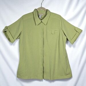 TravelSmith Button Down Shirt Woman 1X Roll Tab Sleeve‎ Pocket Front Chartreuse